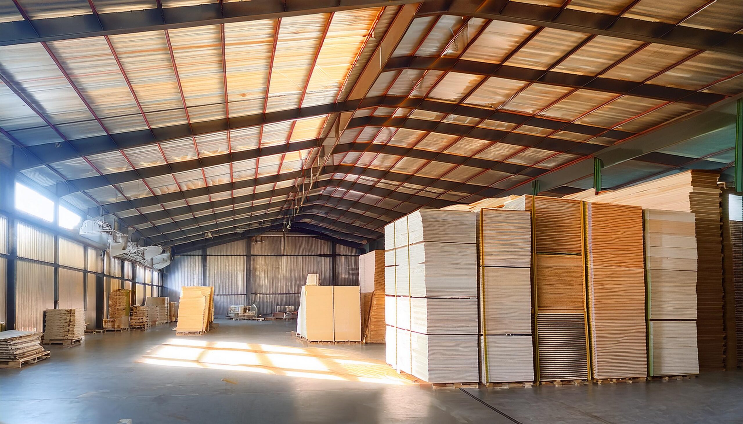 Warehouse interior with pallets of gypsum and timber boards stacked ready for distribution